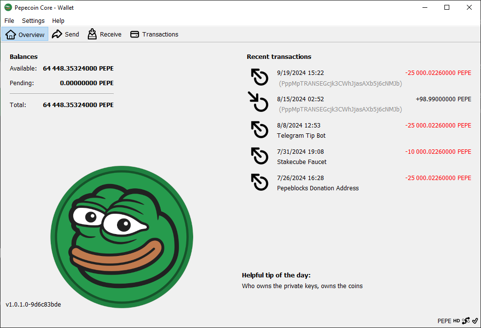 Screenshot of Pepecoin Core desktop wallet interface